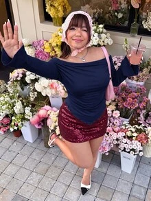 SHEIN EZwear 大尺碼女款純色露肩收腰不對稱下擺時尚百搭長袖T恤 - 藏蓝色 - 查看 5