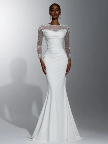 Elitara Elegant Romantic Sheer Long Sleeve 3D Floral Applique Ruched Waist Slimming Floor-Length Mermaid Skirt, Suitable For All Wedding Events, Bridal Wedding Dress - White - View 2