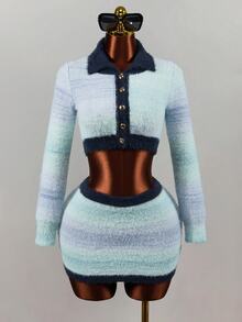 Mistrie Collared Striped Fuzzy Knit 2 Pieces Outfit, Long Sleeve Button Front Crop Cardigan & High Waist Mini Skirt, Colorful Sweet Fall Winter Matching Set - Multicolor - View 5