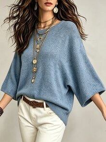 SHEIN 女款休閒寬鬆圓領七分袖藍色上衣，2026秋冬毛衣，適合派對、海灘、健身房、社交場合，時尚上衣，夜店穿搭 - 淺藍色 - 查看 4