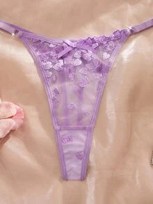 SHEIN 2件組女款性感愛心刺繡網紗鋼圈內衣套裝，甜美活力風 - 紫色 - 查看 6