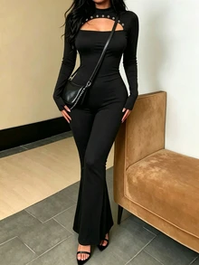 INAWLY Cutout Eyelet Detail Long Sleeve Flare Leg Jumpsuit, High Neck Bodycon Stretch Rompe - Black - View 4