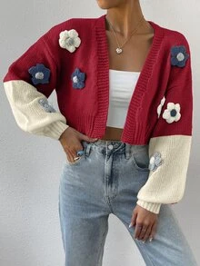 Flirla Women's Contrast Color Floral Decor Fun Versatile Cardigan - Multicolor - View 4