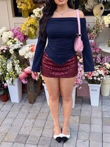 SHEIN EZwear 大尺碼女款純色露肩收腰不對稱下擺時尚百搭長袖T恤 - 藏蓝色 - 查看 6