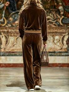 Trelyra Women's Casual Vintage Leopard Print Patchwork Set, Autumn/Winter - Brown - View 2