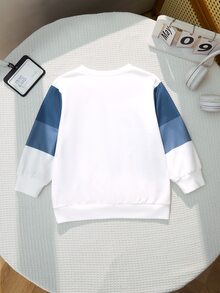 SHEIN 小男孩休閒舒適時尚極簡圓領短袖長褲T恤套裝，經典酷感方格分割圖案印花，精緻小Logo文字圖案印花，適合秋冬返校季 - 藍白色 - 查看 2