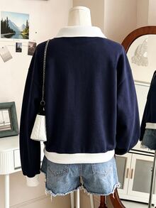 Collagica Collagica Women's Solid Color Button Half-Zip Loose Casual Sweatshirt - Multicolor - View 2