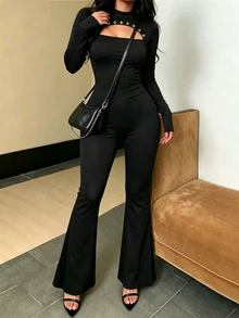 INAWLY Cutout Eyelet Detail Long Sleeve Flare Leg Jumpsuit, High Neck Bodycon Stretch Rompe - Black - View 5