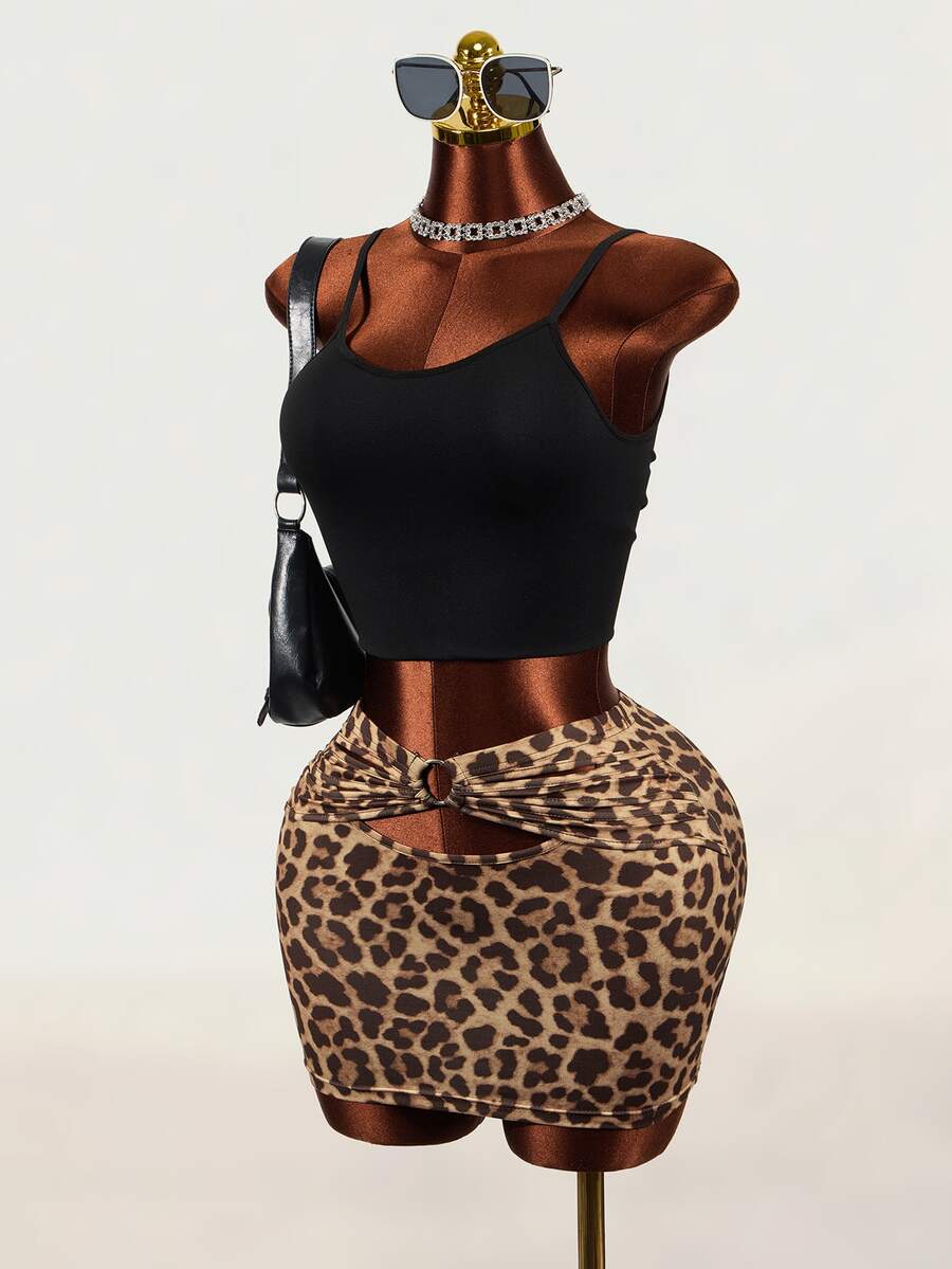 Mistrie Women's Sexy Leopard Print Hollow Out Tie Skirt - Coffee Brown - View 1