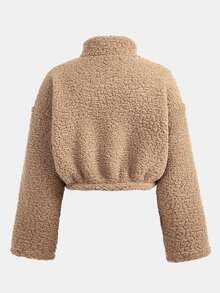 SHEIN 青少年女孩冬季外套，厚實羽絨開襟夾克，適合秋冬日常穿著 - 卡其色 - 查看 2