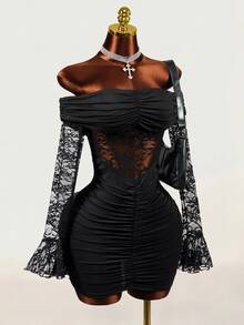Mistrie Women's Sexy Lace Sheer Ruched Dress - Black - View 4