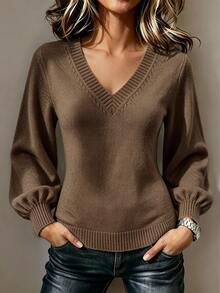 Trelyra Women's Minimalist Casual Lantern Sleeve V-Neck Sweater, Autumn/Winter - Coffee Brown - View 5