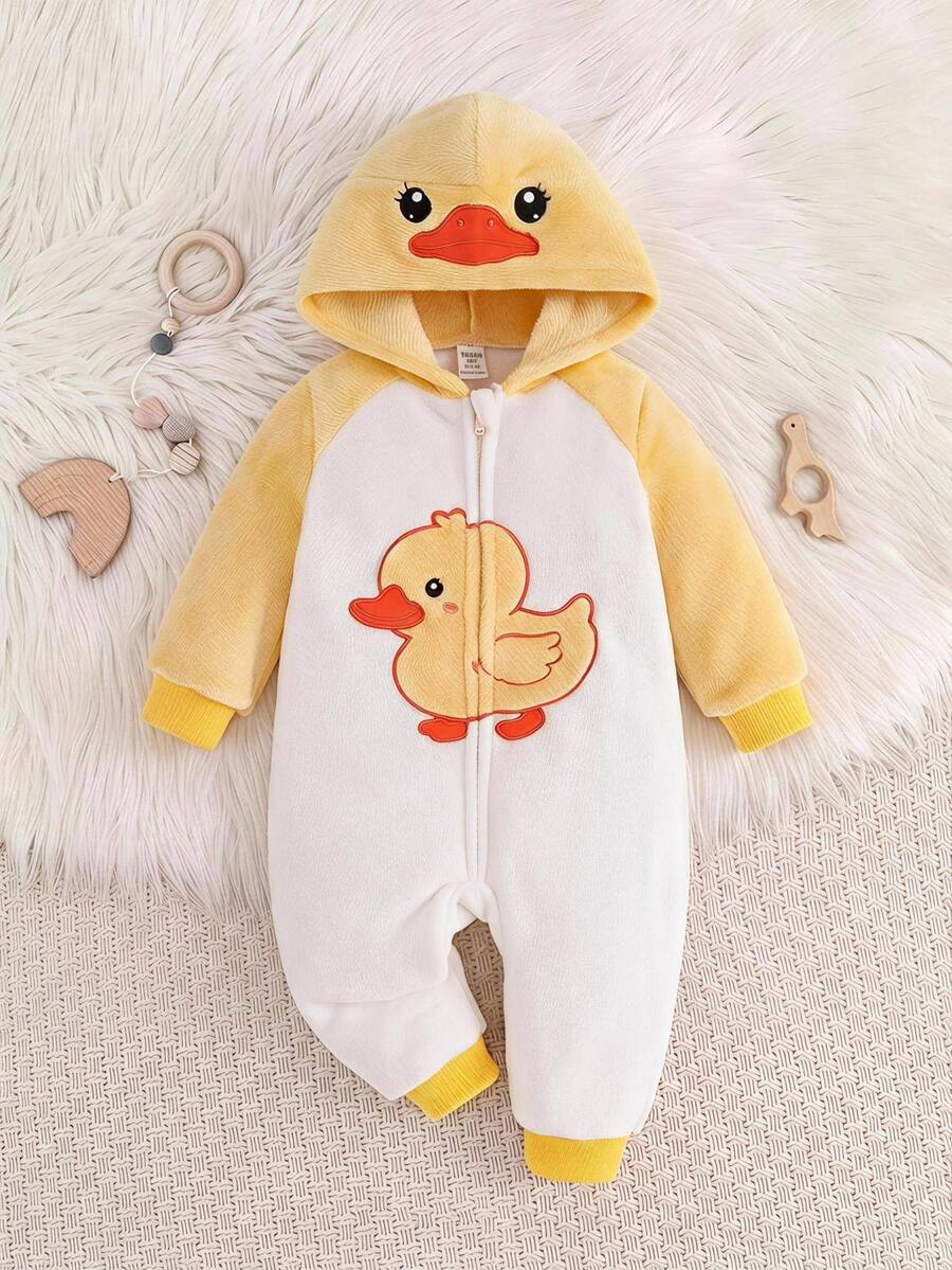 SHEIN Baby Girl Cartoon Graphic Raglan Sleeve Zip Up Hooded Flannel Jumpsuit - Multicolor - View 1