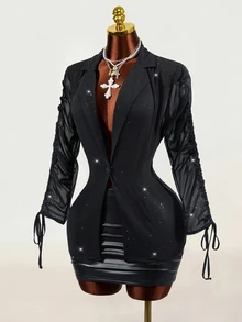 Mistrie Women's Shiny Transparent Black Chiffon Long Sleeve Blazer - Black - View 6