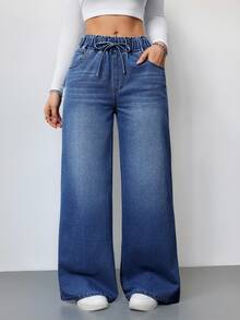SHEIN CURVE+ 大尺碼女款休閒寬鬆鬆垮抽繩腰口袋設計牛仔褲 冬季時尚基礎哥特風 萬聖節聖誕節慶典 CURVE+ FIT+ - 藍色 - 查看 8
