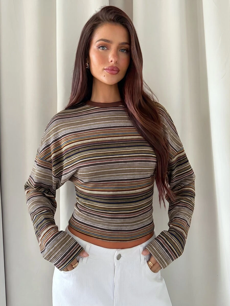 Aloruh Women's Round Neck Long Sleeve Drop Shoulder Striped T-Shirt - Brown - View 1