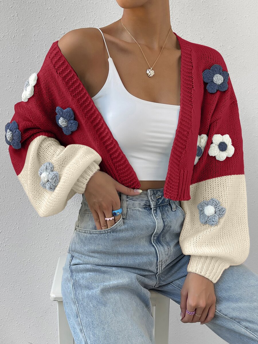 Flirla Women's Contrast Color Floral Decor Fun Versatile Cardigan - Multicolor - View 1
