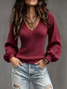Trelyra 女款深V領燈籠袖酒紅色休閒優雅針織衫 - 酒紅色 - 查看 4