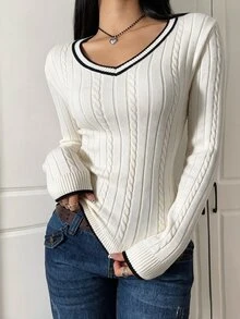 CovetEZ 女款V領長袖休閒極簡風針織衫 - 杏色 - 查看 6
