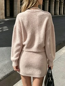 Cévolie Women's Solid Color Long Sleeve V-Neck Pocket Top And Skirt Knit Set - Apricot - View 2