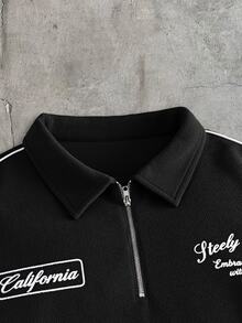 AXEPEAK 男士黑色 1/4 拉鍊對比字母圖案短袖時尚 Polo 衫 - 黑色 - 查看 3