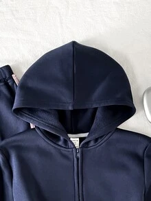 Tween女孩童裝2件式衛衣褲套裝：連帽拉鍊夾克配側邊對比條紋，鬆緊腰寬腿喇叭運動長褲，休閒運動學院風，舒適適合秋季日常穿著 - 寶藍色 - 查看 3