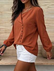 Linhara CURVE Plus Size Woven Casual Autumn Shirt - Orange - View 4