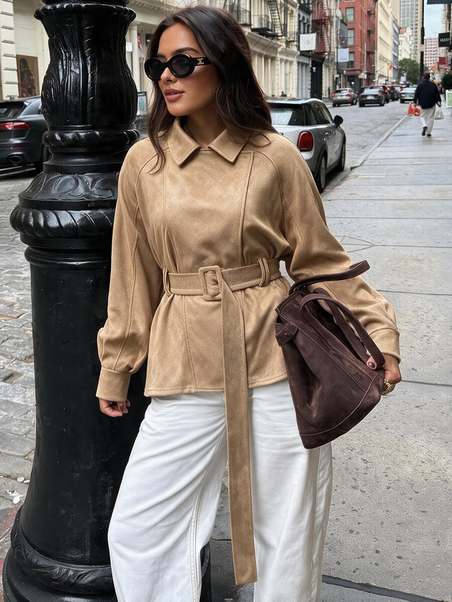 Avenya Minimalist Side-Split Design Lapel Suede Belted Mid-Length Jacket - Khaki - View 1