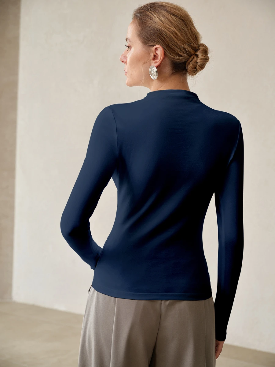 MOTF PREMIUM MINIMALIST VERSATILE SKIN-FRIENDLY T-SHIRT / SLIM FIT RUCHED NECK BASE LAYER KNIT TOP - Navy Blue - View 2