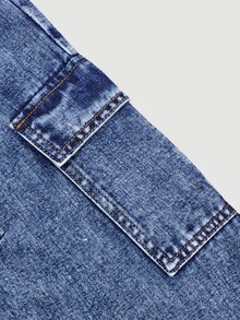 SHEIN 青少年男孩牛仔長褲，柔軟棉質休閒款，時尚百搭舒適，極簡風，全彈性腰頭，工裝多口袋設計，寬鬆直筒版型，黑灰色水洗牛仔長褲，適合日常穿著與度假 - 深色水洗藍 - 查看 10