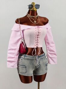 Mistrie ملابس علوية نسائية قصيرة بأكمام طويلة وياقة باندو برباط سحب وتفاصيل كشكشة وتصميم باتشوورك - وردي - مشاهدة 7