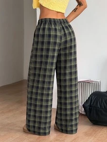 Coolane 女款秋季保暖休閒時尚優雅綠色海軍藍格紋彈性抽繩腰寬鬆寬腿長款居家長褲 - 綠色 - 查看 9