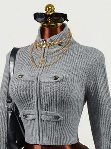 Mistrie Cardigan Wanita Lengan Panjang Kasual Modis dengan Kerah Tegak dan Resleting - Grey - View 8