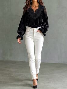 Breezaya French Vintage Black Velvet & Lace Patchwork Blouse, Deep V-Neck Ruffle Collar, Lantern Ruffle Long Sleeve, Sexy Slimming Elegant Commuter Top For Daily Wear, Thanksgiving, Christmas - Black - View 5