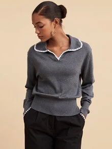 Travachic Women's Shell Embroidery Contrast Color Long Sleeve Sweater, Versatile For Daily Wear - Grey - View 4