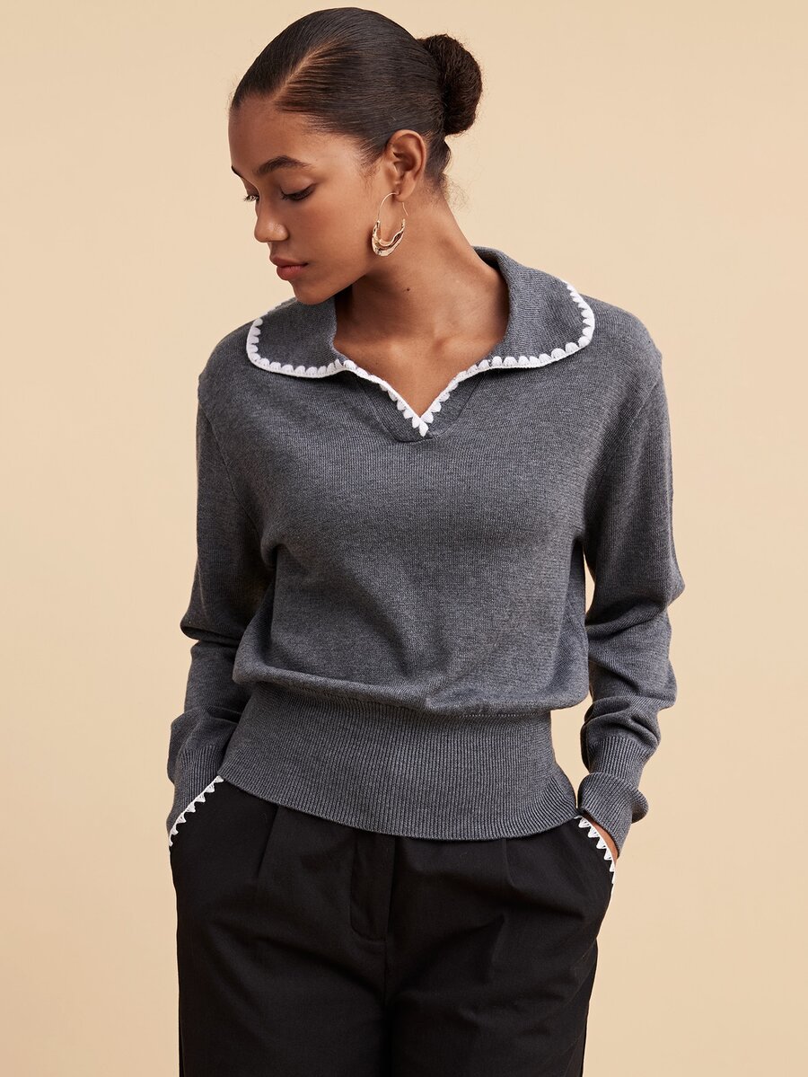 Travachic Women's Shell Embroidery Contrast Color Long Sleeve Sweater, Versatile For Daily Wear - Grey - View 1