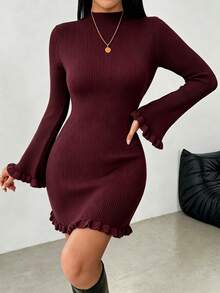 NOVVYNE Autumn/Winter Elegant Minimalist Patchwork Slim Fit Mid-Length Sweater Dress - Burgundy - View 6