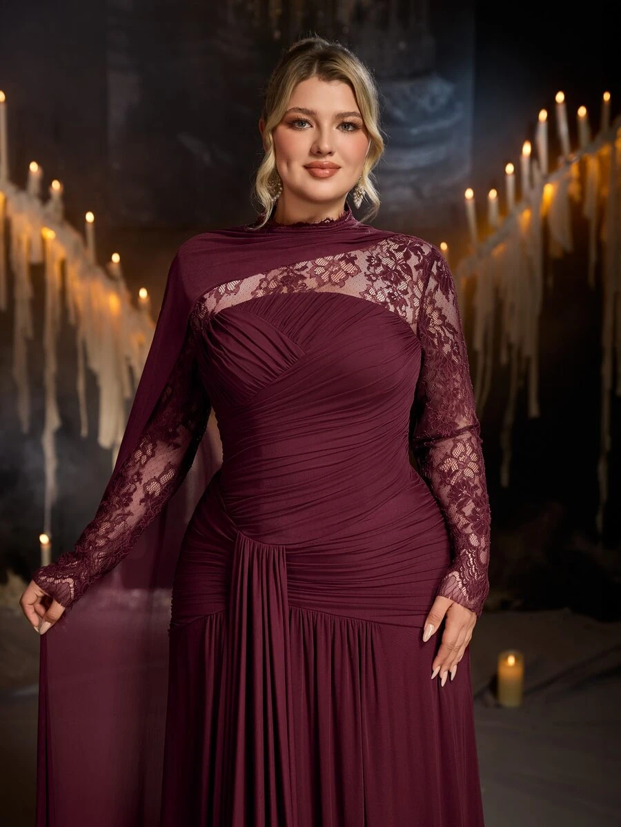 Glamrae Plus Size Elegant Romantic Angora Red Mesh Strapless Ruched Flounce Scarf Decor Fitted Bodycon Long Evening Dress For Women, Wedding, Formal Events, All Formal Occasions, Dinner Party - Red - View 1