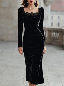 RosyDaze Women's Solid Color Square Neck Lace Patchwork Waist-Cinching Slimming Elegant Long Sleeve Dress - Black - View 1