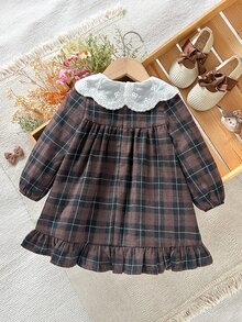 SHEIN 女嬰編織格紋拼接撞色彼得潘領休閒花瓣袖洋裝 - 彩色 - 查看 3