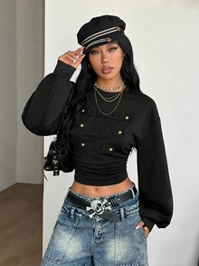 Coolane 女款秋冬街頭風復古Y2K龐克時尚休閒拿破崙軍裝飾黑色收腰修身圓領運動衫上衣 - 黑色 - 查看 4