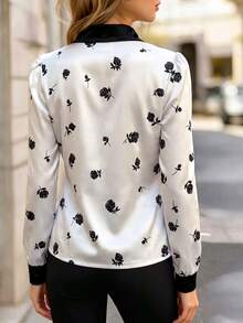 RosyDaze Satin Floral Print Contrast Collar Tie Neck Shirt - Multicolor - View 2