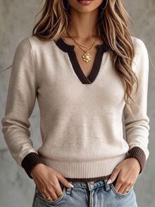 SHEIN Fall Minimalist Notch V Neck Solid Long Sleeve Knit Top - Apricot - View 1