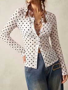 Bohemela Women's Casual Crew-Neck Long-Sleeve T-Shirt With Button Details And Polka Dot Print, Perfect For Autumn, Vacations, Going Out, And Halloween Outfits - White - View 8