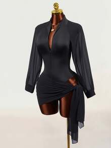 Mistrie Women's Long Sleeve V-Neck Waist-Cinching Top And Knot Bottom Two Pieces Set - Black - View 5