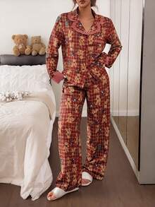 Napfluff Conjunto de Pijama Feminino Doce e Fofo com Estampa de Urso e Xadrez, Calça com Babado, Lapela com Poá e Manga Longa, 2 Peças Loungewear - Marrom - Visão 4