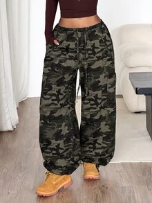 SHEIN PETITE Women's Pocket Button Camouflage Pattern Drawstring Jeans - Army Green - View 4