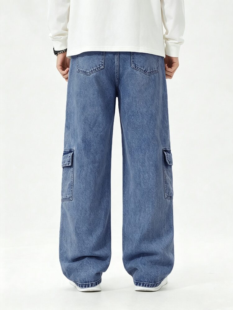 SHEIN Tween Boys' Denim Long Pants, Soft Cotton Casual, Fashionable, Versatile, Comfortable, Minimalist, Full Elastic Waistband, Cargo Multi-Pocket Design, Loose Straight Leg Fit, Black Grey Washed Denim Long Pants Suitable For Daily Wear And Vacation - Dark Wash - View 4