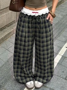 Coolane 女款秋季保暖休閒時尚優雅綠色海軍藍格紋彈性抽繩腰寬鬆寬腿長款居家長褲 - 綠色 - 查看 3