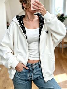 Cévolie Women's Hooded Drawstring Pocket Zipper Heart Pattern Sweatshirt - Black and White - View 1